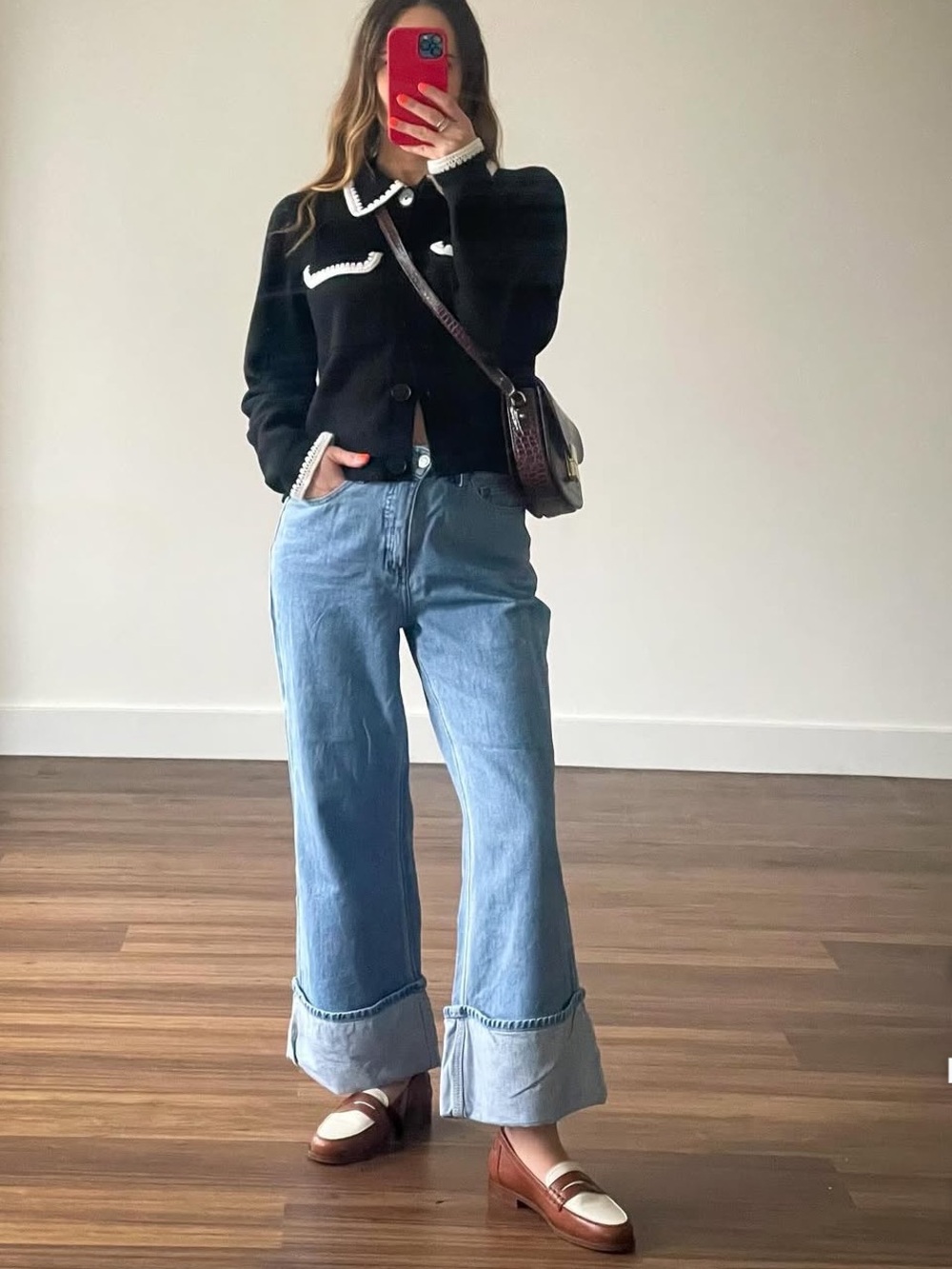 SEZANE Black Merino Wool Knit Collared Betty Cardigan w/ White Crochet Details - Picture 17 of 17